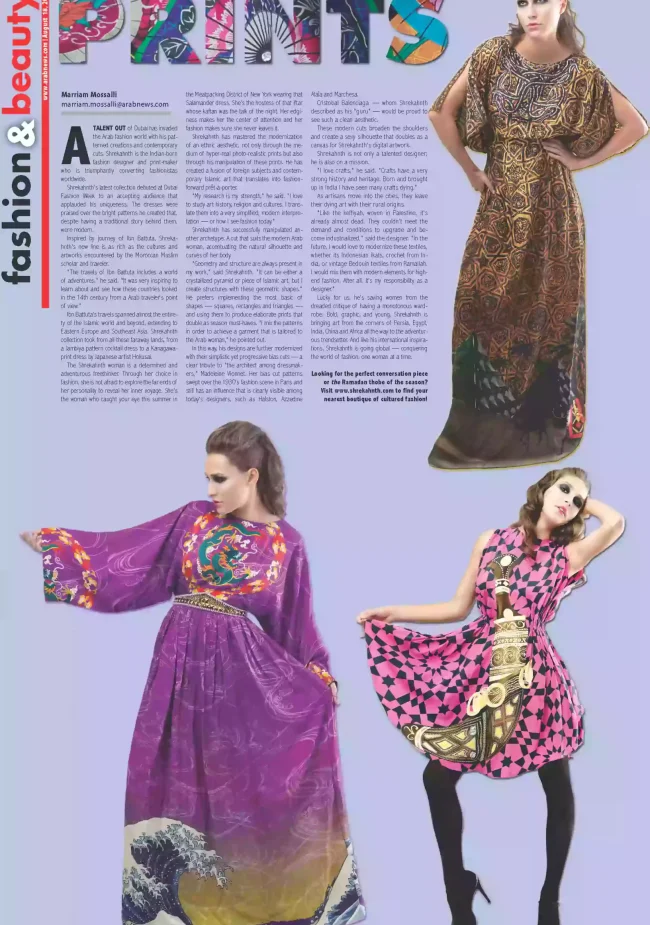 Three models pose in vivid Shrekahnth outfits — a gold sequined kaftan, a magenta embroidered dress, and a neon-pink geometric mini dress — featured in Arab News’s fashion editorial.